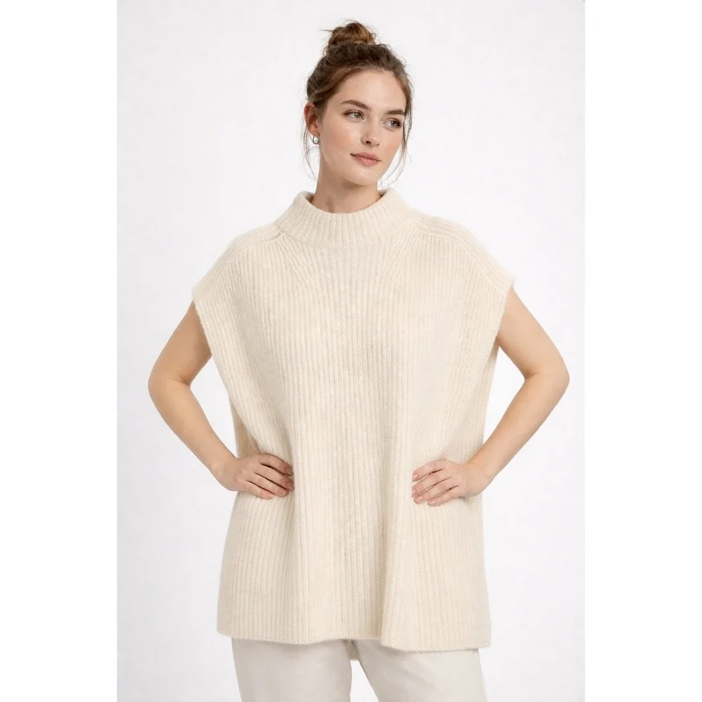 Banana Republic Oversized Sweater Vest M/L Cream Mock‎ Neck Cashmere Merino Wool